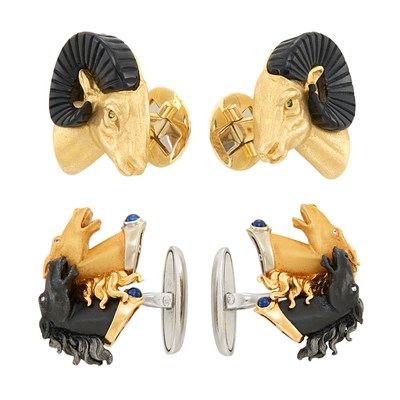 Lot 123 - Pair of Gold and Carved Black Onyx Ram's Head Cufflinks and Two-Color Gold and Lacquer Horse Cufflinks