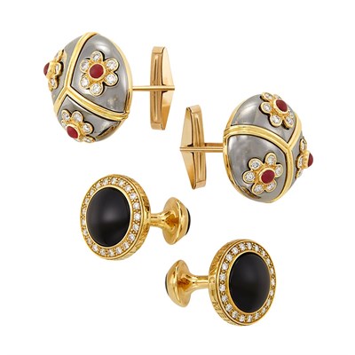 Lot 136 - Pair of Gold, Enamel, Black Onyx and Diamond Cufflinks, Montblanc, and Oxidized Gold, Cabochon Ruby and Diamond Cufflink
