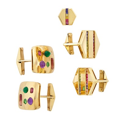 Lot 120 - Two Pairs of Gold and Gem-Set Cufflinks and Tie Tack