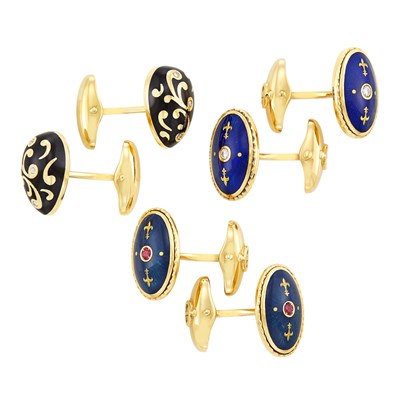 Lot 112 - Three Pairs of Gold, Enamel, Diamond and Ruby Cufflinks, Fabergé