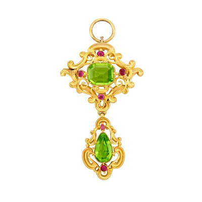 Lot 94 - Antique Gold, Peridot and Ruby Pendant-Brooch