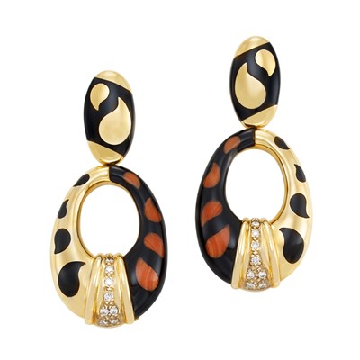 Lot 3 - Pair of Gold, Black Onyx, Coral and Diamond Pendant-Earrings, Asch-Grossbardt