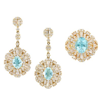 Lot 321 - Pair of Gold, Aquamarine and Diamond Pendant-Earrings and Ring
