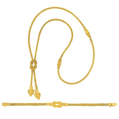 Lot 613 - Braided Gold Mesh Lariat Necklace and Bracelet, Ilias Lalaounis