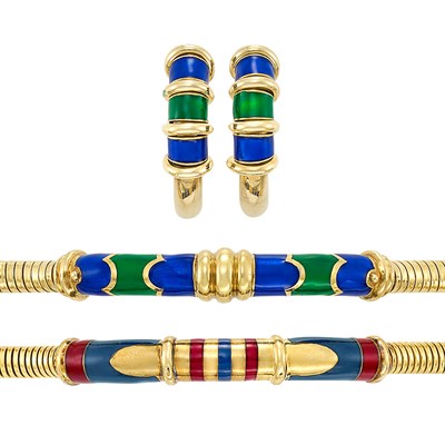 Lot 23 - Two Gold and Enamel Bracelets, La Nouvelle Bague, and Pair of Silver Gilt,  Gold and Enamel Hoop Earrings