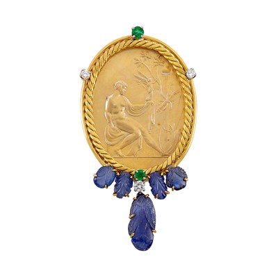 Lot 582 - Gold, Frosted Rock Crystal Intaglio, Carved Sapphire, Emerald and Diamond Clip-Brooch, Attributed to Marc Koven