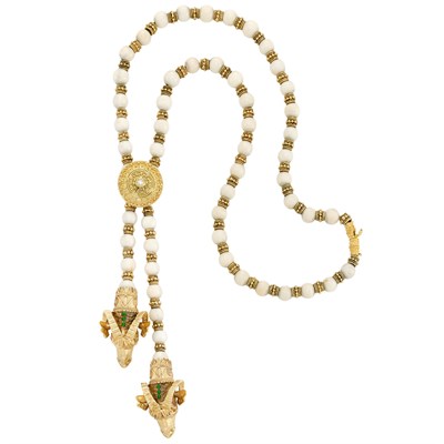 Lot 623 - Gold, White Coral Bead, Diamond and Green Glass Ram's Head Lariat  Necklace