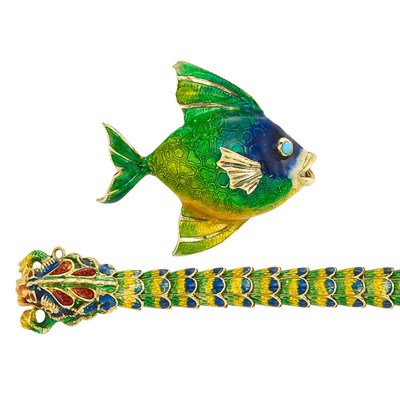 Lot 300 - Gold and Enamel Dragon Head Bracelet and Fish Brooch