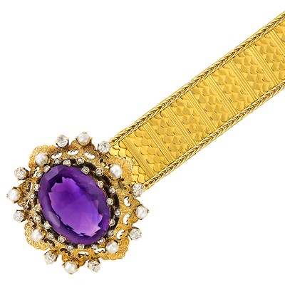 Lot 219 - Antique Gold, Amethyst, Pearl and Diamond Bracelet