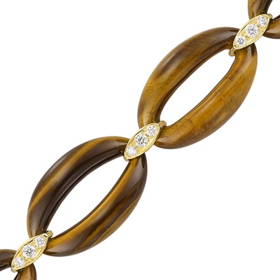 Lot 501 - Tiger's Eye, Gold and Diamond Link Bracelet
