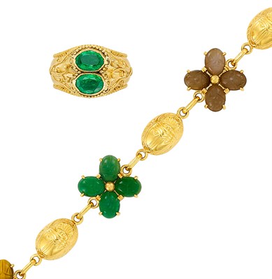 Lot 615 - High Karat Gold and Emerald Ring and Gold, Carved Agate and Tiger's Eye Bracelet