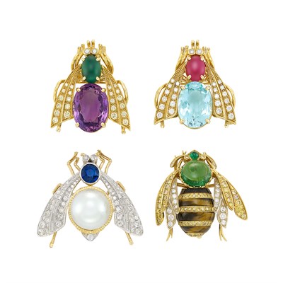 Lot 242 - Four Two-Color Gold, South Sea Cultured Pearl, Gem-Set, Diamond and Tiger's Eye Insect Brooches