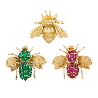 Lot 211 - Three Gold, Gem-Set and Diamond Insect Pins