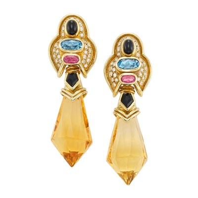 Lot 525 - Pair of Gold, Gem-Set, Diamond, Black Onyx and Citrine Briolette  Pendant-Earrings