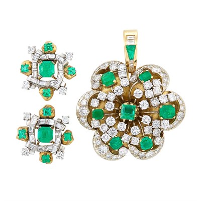 Lot 205 - Pair of Two-Color Gold, Diamond and Emerald Earclips and Pendant