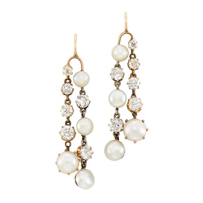 Lot 174 - Pair of Antique Gold, Diamond and Button Pearl Pendant-Earrings