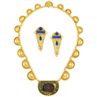 Lot 629 - Gold, Roman Glass and Copper Necklace, Marte Zveinmunier, and Pair of Gold and Lapis Earrings