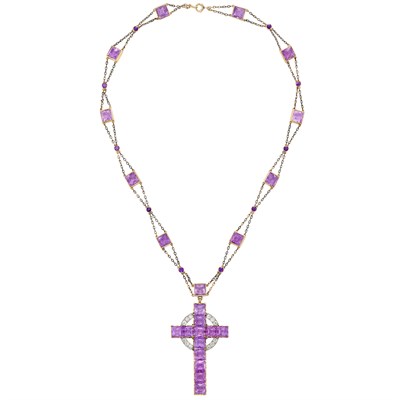 Lot 98 - Antique Gold, Platinum, Amethyst and Diamond Cross Pendant-Necklace