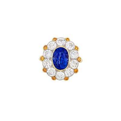 Lot 547 - Gold, Platinum, Sapphire, Diamond and Fancy Colored Diamond Ring