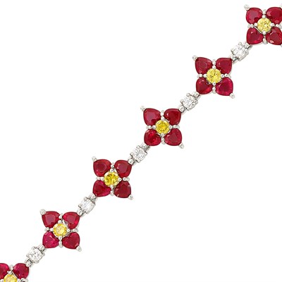 Lot 261 - Platinum, White Gold, Ruby, Fancy Colored Diamond and Diamond Bracelet
