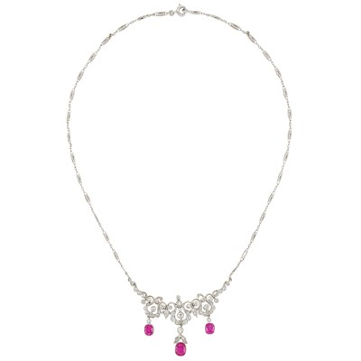 Lot 455 - Antique Platinum, Gold, Ruby and Diamond Necklace