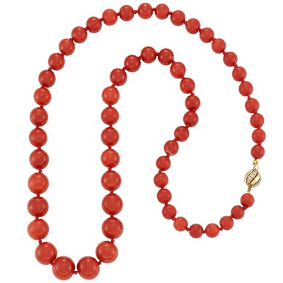 Lot 659 - Long Coral Bead Necklace with Gold and Diamond Ball Clasp