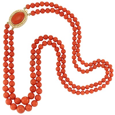 Lot 575 - Double Strand Coral Bead Necklace with Gold, Coral and Diamond Clasp