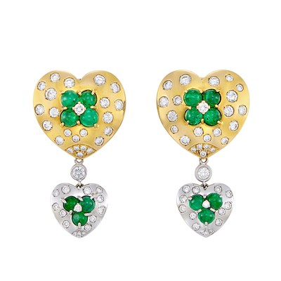Lot 644 - Pair of Two-Color Gold, Cabochon Emerald and Diamond Pendant-Earclips, Bulgari