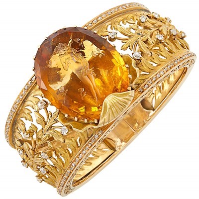 Lot 104 - Two-Color Gold, Citrine Intaglio and Diamond Bangle Bracelet