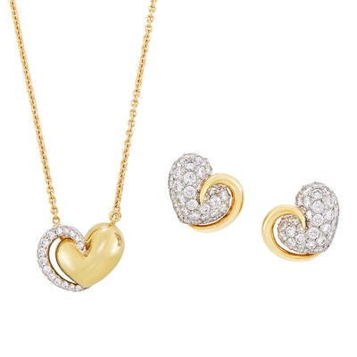 Lot 532 - Pair of Gold, Platinum and Diamond Earclips and Pendant-Necklace, Attributed to Diana Vincent