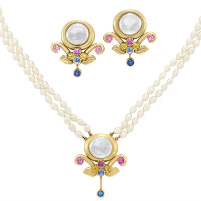 Lot 186 - Double Strand Biwa and Freshwater Pearl, Gold and Multicolored Sapphire Necklace and Pair of Earclips, Diana Vincent