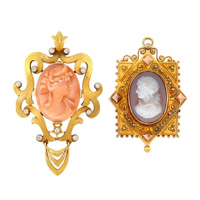 Lot 103 - Antique Gold and Hardstone Cameo Brooch and Art Nouveau Gold, Coral Cameo and Diamond Pendant
