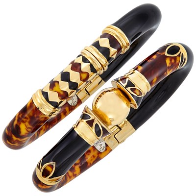 Lot 12 - Pair of Gold and Acrylic Enamel Bangle Bracelets