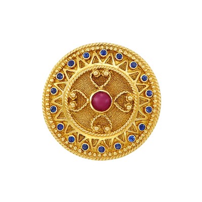Lot 621 - Gold, Cabochon Ruby and Sapphire Brooch, Ilias Lalaounis