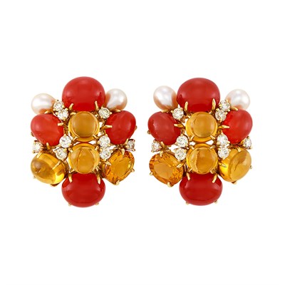 Lot 252 - Pair of Gold, Cabochon Citrine, Carnelian, Light Yellow Diamond and Cultured Pearl Earclips