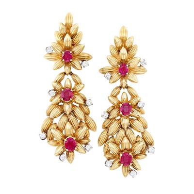 Lot 212 - Pair of Gold, Ruby and Diamond Pendant-Earrings