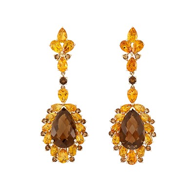 Lot 294 - Pair of Gold, Smoky Quartz and Citrine Pendant-Earrings