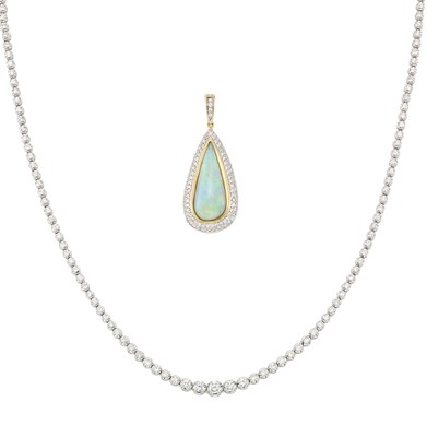 Lot 64 - Two-Color Gold, Opal and Diamond Pendant with White Gold and Diamond Necklace