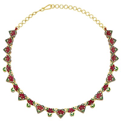 Lot 620 - Gold, Foiled-Back Diamond, Red Enamel and Jaipur Enamel Necklace