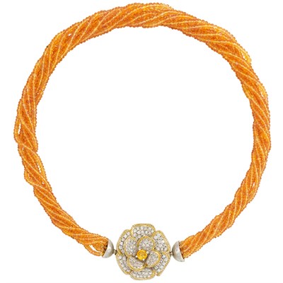 Lot 290 - Seven Strand Orange Sapphire Bead Necklace with Two-Color Gold, Orange Sapphire and Diamond Flower Clasp