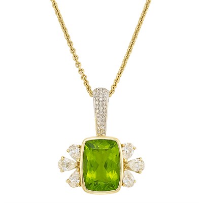Lot 298 - Two-Color Gold, Peridot and Diamond Pendant with Chain Necklace