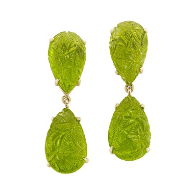 Lot 299 - Pair of Gold and Carved Peridot Pendant-Earrings