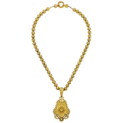 Lot 100 - Etruscan Revival Gold Bead Pendant-Necklace