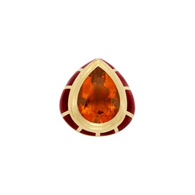 Lot 490 - Gold, Citrine and Red Guilloché Enamel Ring, Leo De Vroomen