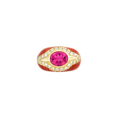 Lot 312 - Gold, Pink Tourmaline, Diamond and Pink Enamel Bombé Ring