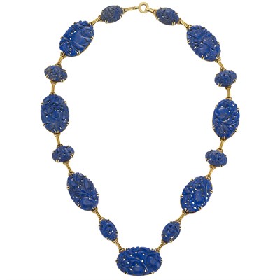 Lot 348 - Gold and Carved Lapis Necklace