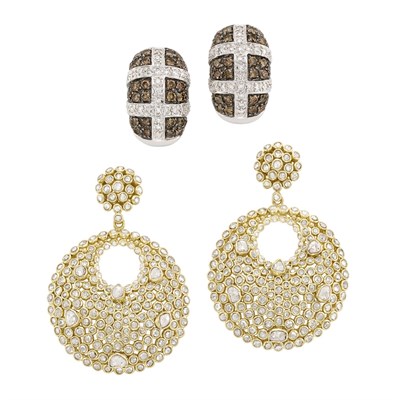 Lot 569 - Pair of Gold and Diamond Pendant-Earrings and White Gold, Brown Diamond and Diamond Earrings