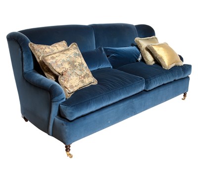 Lot 199 - Blue Upholstered Sofa with Six Cushions Length...