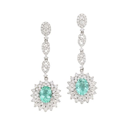 Lot 409 - Pair of Platinum, Paraìba Tourmaline and Diamond Pendant-Earrings
