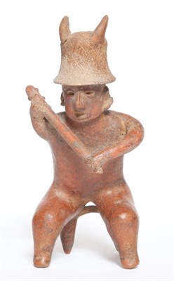 Lot 250 - Nayarit Clay Figure with Horned Helmet Height...
